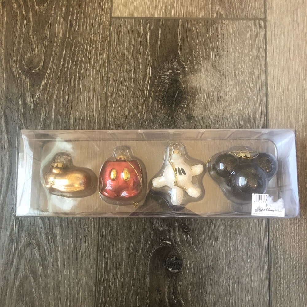 Disney Parks Christmas Ornament Set Mickey Mouse Body Parts Set 4 Glass Glitter